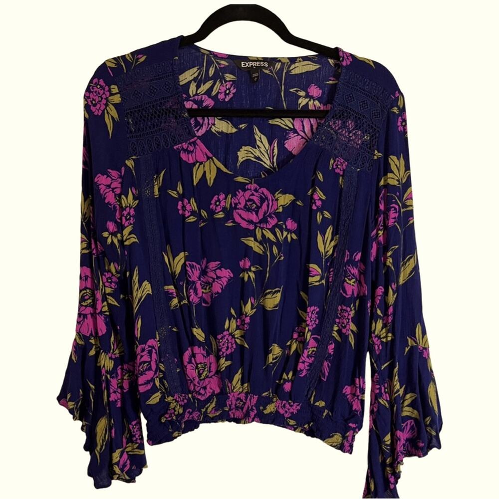 Express Navy blue and Pink floral Peasant Blouse with Bell sleeves Size: Medium